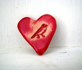 Birdie heart brooch / pin / button / badge. Ceramic. Made in Wales, UK
