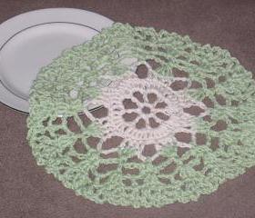 Handmade Decorative Crocheted Round Dishcloth or Doily -Sage/Cream