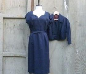 1960s Mad Men Silk Belted Dress and Crop Jacket in Navy Blue