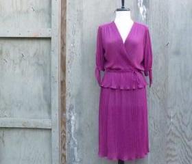 1970s Micro Pleated Dress with Split Sleeve and Peplum