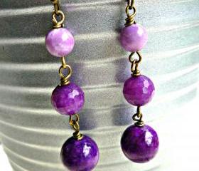 Orchids. Eggplant purple dangle earrings. Gemstone. Brass earrings. Ball end ear wires. Jewelry. Purple earrings. Eggplant, violet, lavender. Purple jewelry.