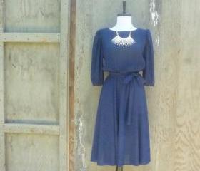 1970s Navy Blue Midi Dress with Pleated Top
