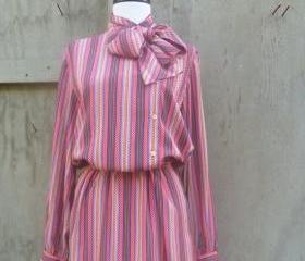 1980s Print Tie Neck Secretary Dress
