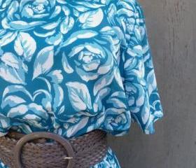 1980s Dress Blue and White Graphic Floral