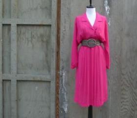 1980s Dress Fuschia Long Sleeve Collared Midi