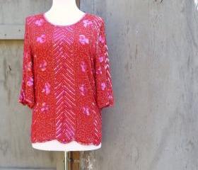 Vintage Silk Blouse Sequin Boho Batwing