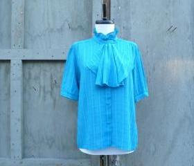 1970s Blouse Teal Ruffle Neck Button Front