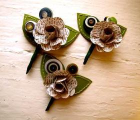 Three Green and Book Page Rose Paper Flower and Button Boutonniere for Wedding or Event by The Little Red Button