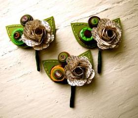Three Boutonnieres Book Page Rose Paper Flower and Button Boutonniere for Wedding or Event