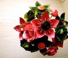 Pink and Green Kusudama and Rose Folded Paper Flower Bouquet for Wedding or Events 