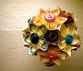 Paper Flower Wedding Bouquet, White, Blue, Pink, Atlas Paper, Kusudama, Rose