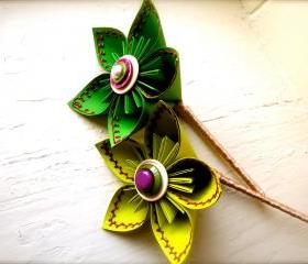 Two Paper Flower Wedding Bouquet, Green, Fuchsia, Large Stitched Kusudama
