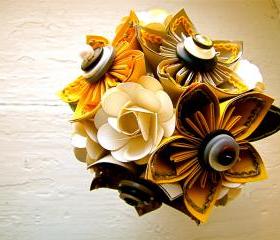 Yellow, Grey and White Kusudama and Rose Folded Paper Flower Bouquet for Wedding or Events