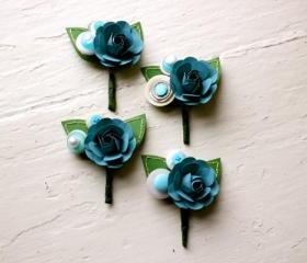 Paper Rose Boutonniere, Grooms Boutonniere, Teal and White