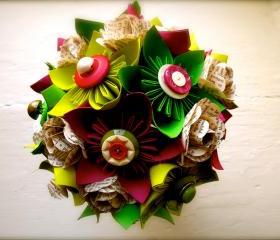 Paper Flower Wedding Bouquet, Green, Fuchsia, Kusudama, Rose