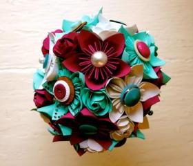 Paper Flower Bouquet, Wedding, Green, Fuchsia, White, Kusudama, Rose
