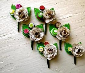 Six Green, Fuchsia and Book Page Rose Paper Flower and Button Boutonniere for Wedding or Event