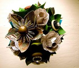 Paper Flower Wedding Bouquet, Green, Teal, Book Pages, Kusudama, Rose