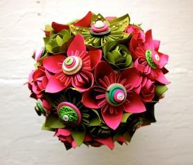 Paper Flower Wedding Bouquet, Green, Pink, Kusudama, Rose