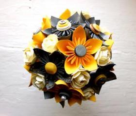 Paper Flower Bouquet, Wedding, Yellow, Grey, White, Kusudama, Rose 