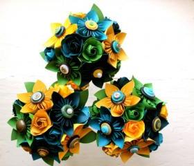 Paper Flower Bouquet, 3 Bridesmaid Bouquets, Wedding, Blue, Green, Yellow, Kusudama, Rose