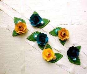 Paper Flower Corsage, Wrist Corsage, Wedding, Blue, Green, Yellow, Rose