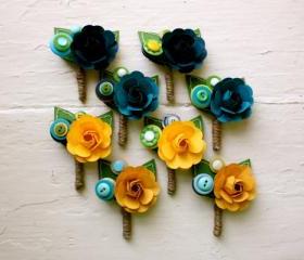 Paper Flower Boutonniere, Wedding, Blue, Green, Yellow, Rose
