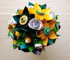 Paper Flower Bouquet, Wedding, Blue, Green, Yellow, Kusudama, Rose