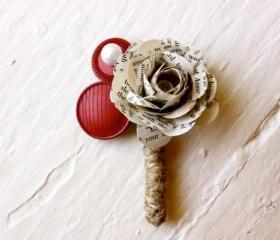 Paper Flower Boutonniere, Wedding, Book Page, Buttons, Rose