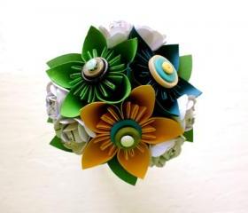Paper Flower Bouquet, Toss Bouquet, Wedding, Blue, Green, Yellow, Kusudama, Rose