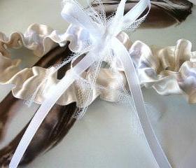 Champagne Bridal Garter in and White Satin Ribbon