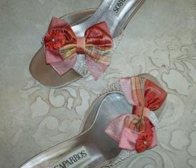Coral And Pink Plaid Silk And Organza Double Bow Shoe Clips
