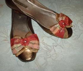 Dark Coral And Gold Plaid Silk And Organza Double Bow Shoe Clips