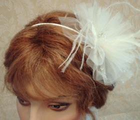Coco Bridal Hair Accessory - Weddings, Ivory Headband, Bridal Fascinator, Bridesmaids, lllusion Tulle, Ostrich Feathers