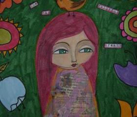 She had colorful dreams - Original mixed media painting and collage on watercolor paper by a pink dreamer
