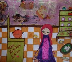 The Kitchen Lover - Mixed media painting and collage on watercolor paper by A Pink Dreamer