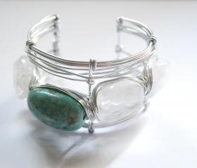 Quartz and Amazonite gemstones wire wrapped cuff - semi precious stone - summer fashion bracelet