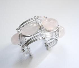 Rose Quartz gemstone wire wrapped cuff - semi precious stone - summer fashion bracelet