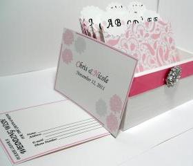 Custom Wedding Guest Box & Cards - Pink, White and Silver Damask (custom colors available)