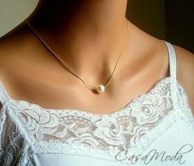 Floating Pearl Necklace In Gold Chain With 10mm White Swarovski Crystal Pearl 18 Inches
