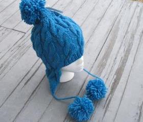 Cabled Hand knit Earflap Adult Hat, Turquoise Blue Tweed Wool