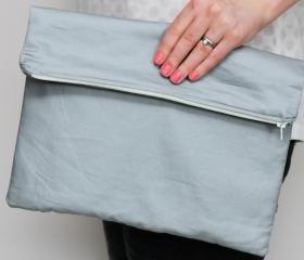 Fold over zipper clutch in slate grey (gray) with lemon yellow lining 