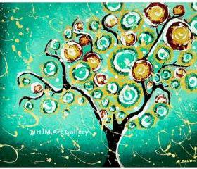 Whimsical Turquoise Tree of Life Art Print - 11x14 Signed
