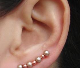 Ear Pins, Champagne Gold Glass Pearls and Copper Color Beads, Pair Earrings