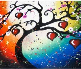 Red Hearts Tree of Life Art Print Home Decor - 8.5 x 12.5 Signed