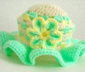 Crochet Baby Hat Granny Square Mint Green and Yellow
