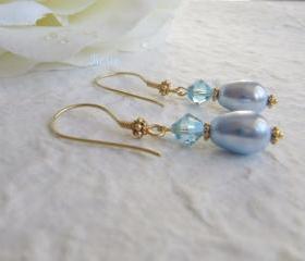 Blue gold earrings, 24K gold vermeil, sale, Swarovski pearl, crystals, dangle