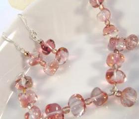 SALE. Jewelry set. Sterling silver pink bracelet and pink earrings, dangle, romantic jewelry