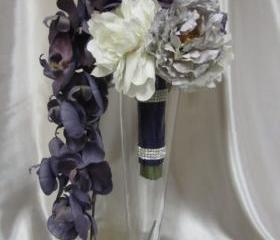 Real Touch Cascading Bridal Bouquet - White, Purple and Lavender Peonies and Orchids