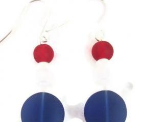 Earrings, Red White and Blue Beach Glass Jewelry, Fourth of July and Olympic Themed, Dangle Earrings
